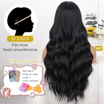 AISI QUEENS Wavy Black Wig with Bangs for Women