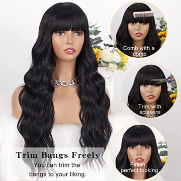 AISI QUEENS Wavy Black Wig with Bangs for Women