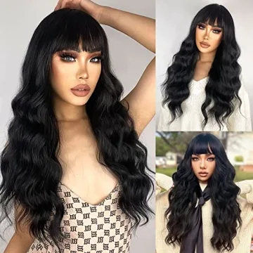 AISI QUEENS Wavy Black Wig with Bangs for Women