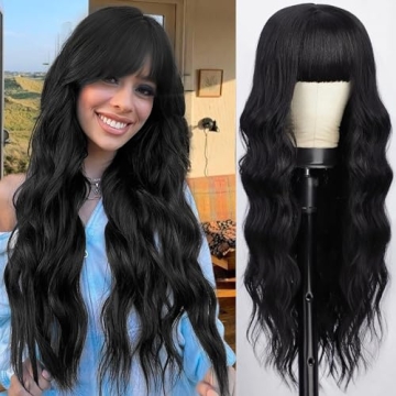 AISI QUEENS Wavy Black Wig with Bangs for Women
