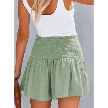 RichCoco Women's Casual Shorts High Elastic Waisted Pleated Ruffle Cute Shorts Beach Flowy Shorts (as1, Alpha, m, Regular, Regular, Green)