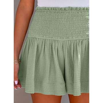 RichCoco Women's Casual Shorts High Elastic Waisted Pleated Ruffle Cute Shorts Beach Flowy Shorts (as1, Alpha, m, Regular, Regular, Green)
