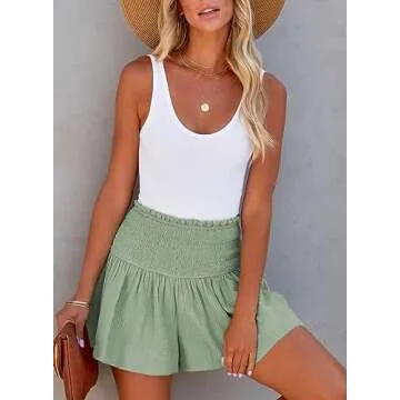 RichCoco Women's Casual Shorts High Elastic Waisted Pleated Ruffle Cute Shorts Beach Flowy Shorts (as1, Alpha, m, Regular, Regular, Green)