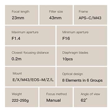 TTArtisan 23mm F1.4 APS-C Lenses for Fuji X-Mount X-A1 X-A10 X-A3 X-A7 X-M1 X-M5 X-H1 X-H2S X-T1 X-T10 X-T2 X-T3 X-T4 X-T100 X-T30 II X-T50 X-PR01 X-PR03 X-E4 X-S20