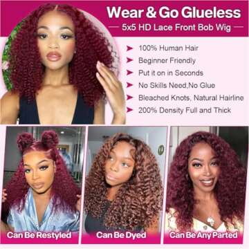 Ailwelia 99j Burgundy Deep Wave Bob Wig 200 Density 5x5 Hd Lace Closure Wigs Human Hair Curly Wigs For Women Deep Wigs Pre Plucked With Baby Hair Deep Wave Bob Burgundy Wig Glueless 14 Inch