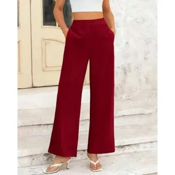 BTFBM Womens Wide Leg Pants Dressy Casual Elastic High Waisted Palazzo Business Lounge Trousers with Pockets(Solid Wine Red, 12)