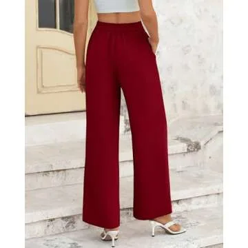 BTFBM Womens Wide Leg Pants Dressy Casual Elastic High Waisted Palazzo Business Lounge Trousers with Pockets(Solid Wine Red, 12)