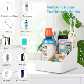 Toothbrush Holder for Bathrooms, 4 Slots Tooth Brush Holder with Detachable Bamboo Dividers, Countertop Organizer for Electric Toothbrushes, Toothpaste, Razors, Floss - Wihte