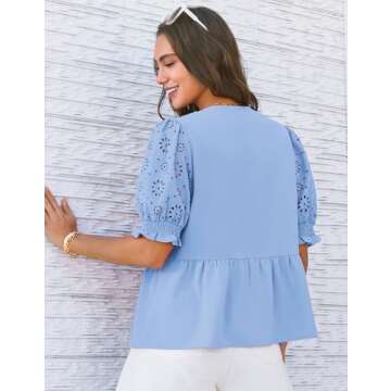 GRACE KARIN Women Tie Front Peplum Tops Summer Short Puff Sleeve Blouses Bow Loose Fit Babydoll Shirts Blue