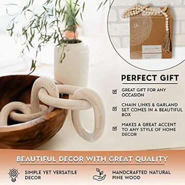 Decorative Wood Chain Link and Bead Garland Set | Coffee Table Decor | Modern Farmhouse Decor Set | Bookshelf Decor | Boho Decorations for Living Room Bedroom Entryway | Book Decor I White