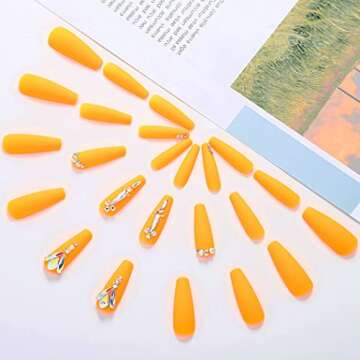 Aksod Long Coffin Ballerina Fake Nails Orange Glitter Crystal Press on Nails Designed Matte Shimmer Rhinestone False Nails Full Cover Artificial Finger Nails Sets for Women and Girls 24Pcs (F)