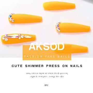 Aksod Long Coffin Ballerina Fake Nails Orange Glitter Crystal Press on Nails Designed Matte Shimmer Rhinestone False Nails Full Cover Artificial Finger Nails Sets for Women and Girls 24Pcs (F)
