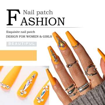 Aksod Long Coffin Ballerina Fake Nails Orange Glitter Crystal Press on Nails Designed Matte Shimmer Rhinestone False Nails Full Cover Artificial Finger Nails Sets for Women and Girls 24Pcs (F)