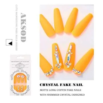 Aksod Long Coffin Ballerina Fake Nails Orange Glitter Crystal Press on Nails Designed Matte Shimmer Rhinestone False Nails Full Cover Artificial Finger Nails Sets for Women and Girls 24Pcs (F)