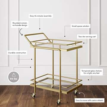 Nathan James Sally Rolling Bar or Cart for Tea or Cocktail, 2-Tiered Glass and Metal, Gold