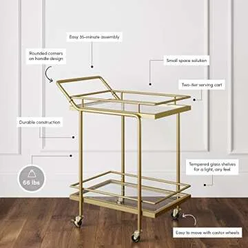 Nathan James Sally Rolling Bar or Cart for Tea or Cocktail, 2-Tiered Glass and Metal, Gold