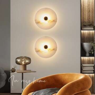 ZHUXMF Natural Marble Wall Sconce Alabaster Wall Light Stone Wall Lamp Round Vanity Light Fixtures for Bathroom Bedroom Living Room Stairs Metal Base Wall Mounted Lamp Hardwired Wall Lighting