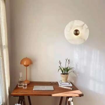 ZHUXMF Natural Marble Wall Sconce Alabaster Wall Light Stone Wall Lamp Round Vanity Light Fixtures for Bathroom Bedroom Living Room Stairs Metal Base Wall Mounted Lamp Hardwired Wall Lighting