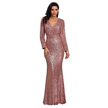Beauty-Emily Women's Shinny Sequin Mermaid Evening Dress Sleeve Prom Gown Dusty Pink, Small
