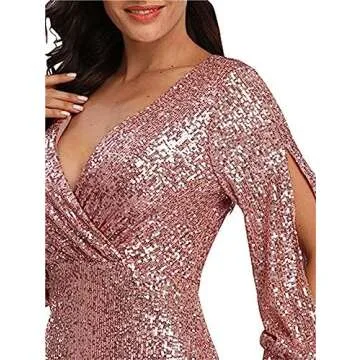Beauty-Emily Women's Shinny Sequin Mermaid Evening Dress Sleeve Prom Gown Dusty Pink, Small