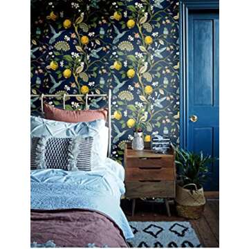Blooming Wall Blue Bird Fresh Lemon Tree Peel and Stick Wallpaper Removable Self Adhesive Wall Mural Wall Decor, 14.5 Square Ft/Roll