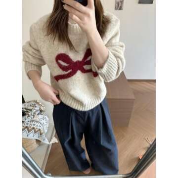 Women's Y2K Bow Print Sweater Casual Loose Fit Pullover Tops Long Sleeve Crew Neck Chunky Knit Jumpe...