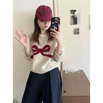 Women's Y2K Bow Print Sweater Casual Loose Fit Pullover Tops Long Sleeve Crew Neck Chunky Knit Jumpers Apricot