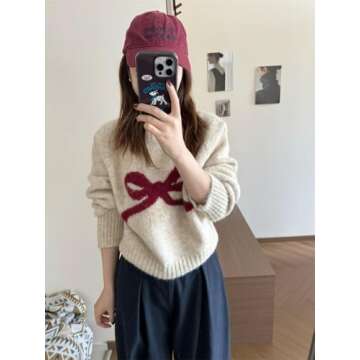 Women's Y2K Bow Print Sweater Casual Loose Fit Pullover Tops Long Sleeve Crew Neck Chunky Knit Jumpers Apricot