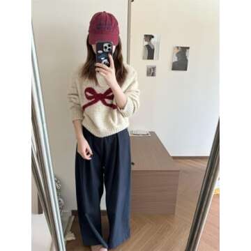 Women's Y2K Bow Print Sweater Casual Loose Fit Pullover Tops Long Sleeve Crew Neck Chunky Knit Jumpers Apricot