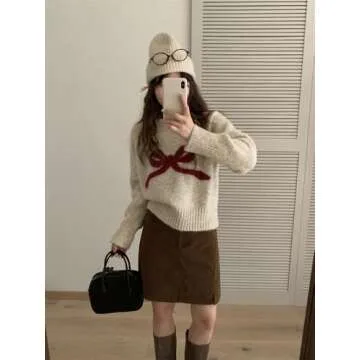 Women's Y2K Bow Print Sweater Casual Loose Fit Pullover Tops Long Sleeve Crew Neck Chunky Knit Jumpers Apricot