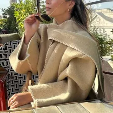 Shiyifa Women's Embroidered Scarf Jacket Oversized Wool Blend Button Down Coat Mid Long Casual Outerwear with Tassel Scarf(Khaki,S)