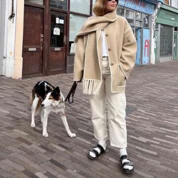 Shiyifa Women's Embroidered Scarf Jacket Oversized Wool Blend Button Down Coat Mid Long Casual Outerwear with Tassel Scarf(Khaki,S)