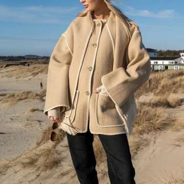 Shiyifa Women's Embroidered Scarf Jacket Oversized Wool Blend Button Down Coat Mid Long Casual Outerwear with Tassel Scarf(Khaki,S)