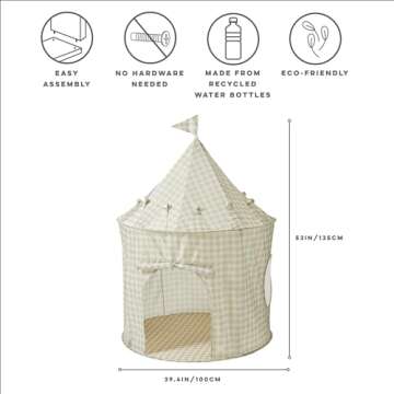 3 Sprouts Kids Play Tent - Sustainable Recycled Fabric – Fun Spacious Childs Playhouse for Indoor Games for Boys & Girls - Durable Fort Pop Up House for Toddlers & Children Age 3-10 - Gingham Beige