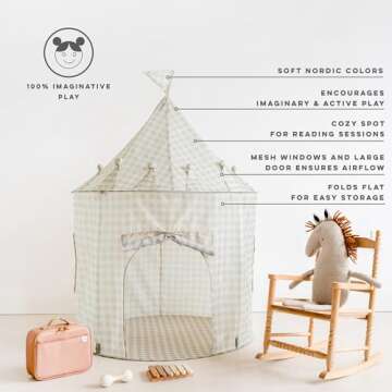 3 Sprouts Kids Play Tent - Sustainable Recycled Fabric – Fun Spacious Childs Playhouse for Indoor Games for Boys & Girls - Durable Fort Pop Up House for Toddlers & Children Age 3-10 - Gingham Beige