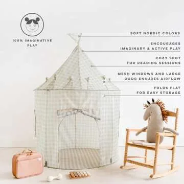 3 Sprouts Kids Play Tent - Sustainable Recycled Fabric – Fun Spacious Childs Playhouse for Indoor Games for Boys & Girls - Durable Fort Pop Up House for Toddlers & Children Age 3-10 - Gingham Beige