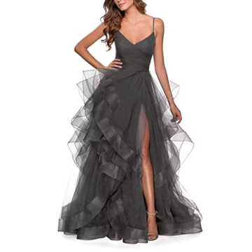 Elegant Glittery Tulle Ball Gown with Slit Perfect for Formal Occasions