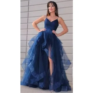 Elegant Glittery Tulle Ball Gown with Slit for Women