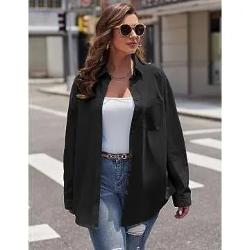 IN'VOLAND Oversized Button Down Shirts for Women, Dressy Casual Long Sleeve Blouses Summer Tops Tunics Black 20W
