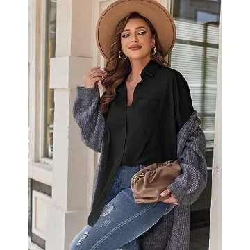 IN'VOLAND Oversized Button Down Shirts for Women, Dressy Casual Long Sleeve Blouses Summer Tops Tunics Black 20W
