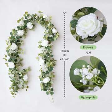 Anna's Whimsy 5.91FT Artificial Eucalyptus Garland with Flowers, Fake Rose Gypsophila Garland, Faux Floral Garland Greenery Garland for Wedding Spring Home Party Craft Art Table Runner Decor