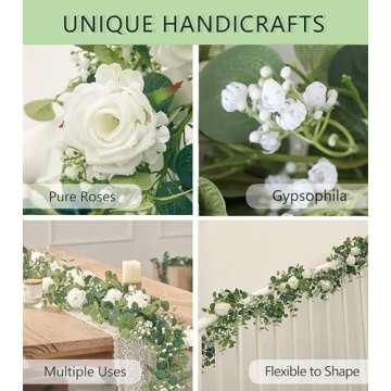 Anna's Whimsy 5.91FT Artificial Eucalyptus Garland with Flowers, Fake Rose Gypsophila Garland, Faux Floral Garland Greenery Garland for Wedding Spring Home Party Craft Art Table Runner Decor