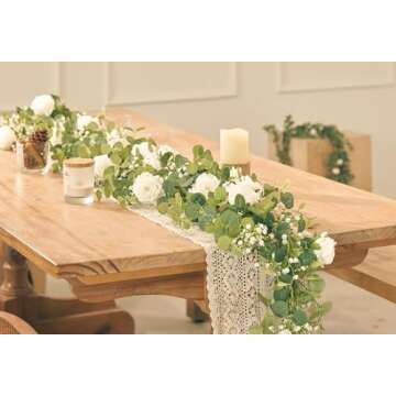 Anna's Whimsy 5.91FT Artificial Eucalyptus Garland with Flowers, Fake Rose Gypsophila Garland, Faux Floral Garland Greenery Garland for Wedding Spring Home Party Craft Art Table Runner Decor