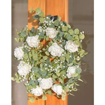 Anna's Whimsy 5.91FT Artificial Eucalyptus Garland with Flowers, Fake Rose Gypsophila Garland, Faux Floral Garland Greenery Garland for Wedding Spring Home Party Craft Art Table Runner Decor