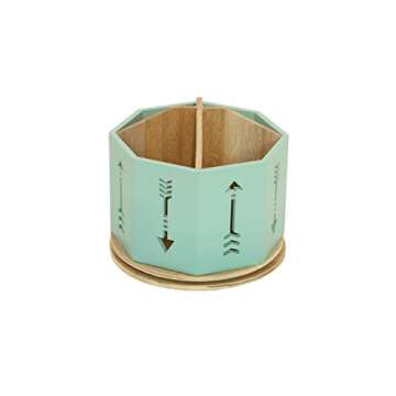 Spinning Desktop Stationary Organizer – Decorative Wooden Rotating Pen and Pencil Cup – 4 Compartment Teal Desk and Table Top Office Supplies Station with Arrow Design - by Designstyles