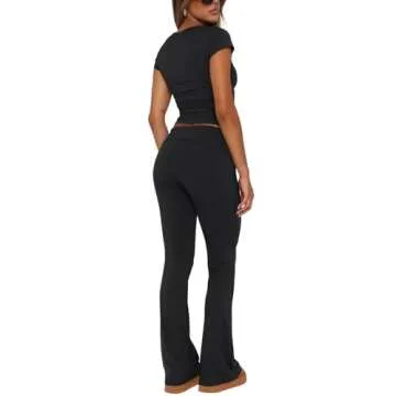 REORIA Women's Summer Casual Outfits Pajama Sets Crew Neck Short Sleeve Crop Top Fold Over Flare Pants Y2K Soft 2 Piece matching Lounge Sets Black Small