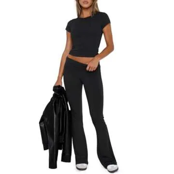 REORIA Women's Summer Casual Outfits Pajama Sets Crew Neck Short Sleeve Crop Top Fold Over Flare Pants Y2K Soft 2 Piece matching Lounge Sets Black Small