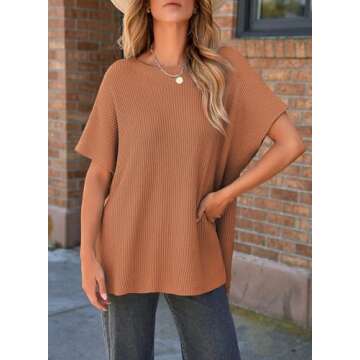 SHEWIN Spring Tops for Women 2025 Casual Oversized Shirts Loose Short Sleeve Sweater Lightweight Crew Neck Womens Shirts Tops for Women Trendy Brown X-Large