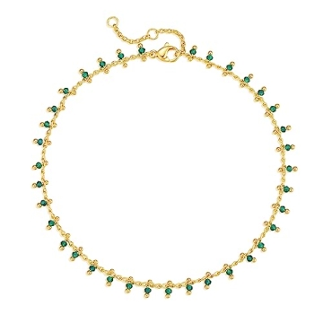MTMY 14K Gold Plated Bead Anklet with Green CZ Tassel - Summer Boho Jewelry