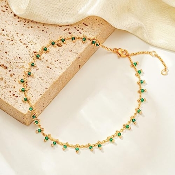 MTMY Gold Plated Bead Anklet Green CZ Tassel Summer Jewelry